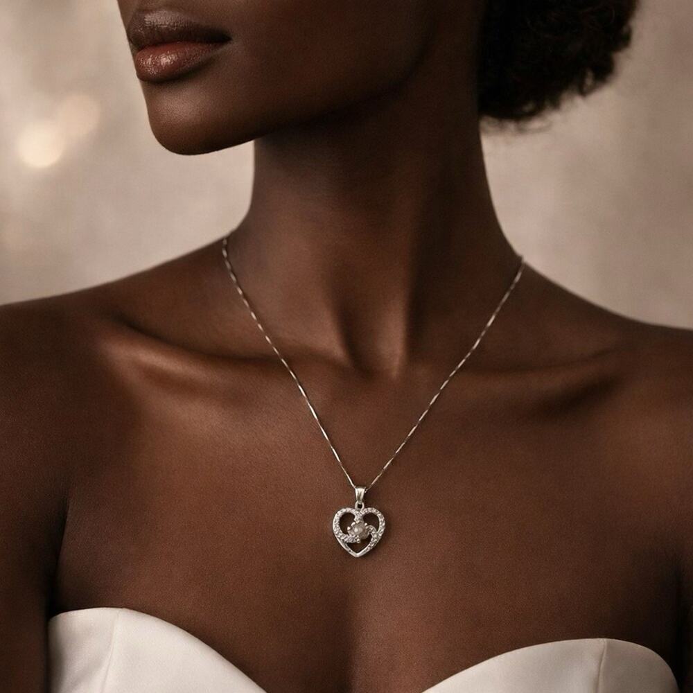 White Gold Plated Iced Cz Heart Love Pendant Necklace Elegant PartyCocktail Gift